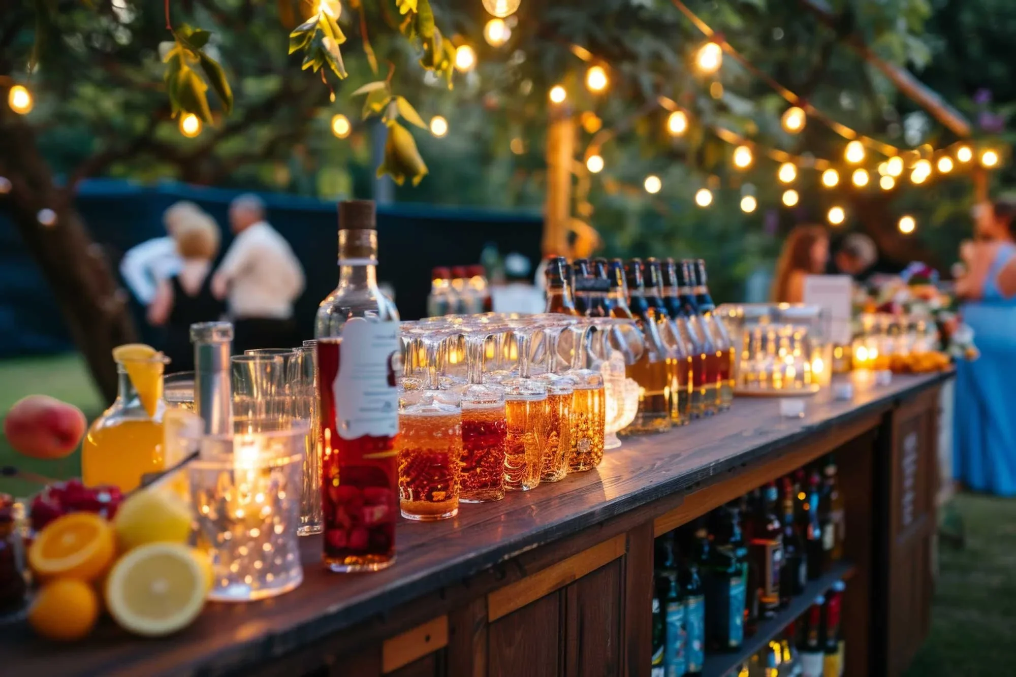 Custom whiskey bar under string lights