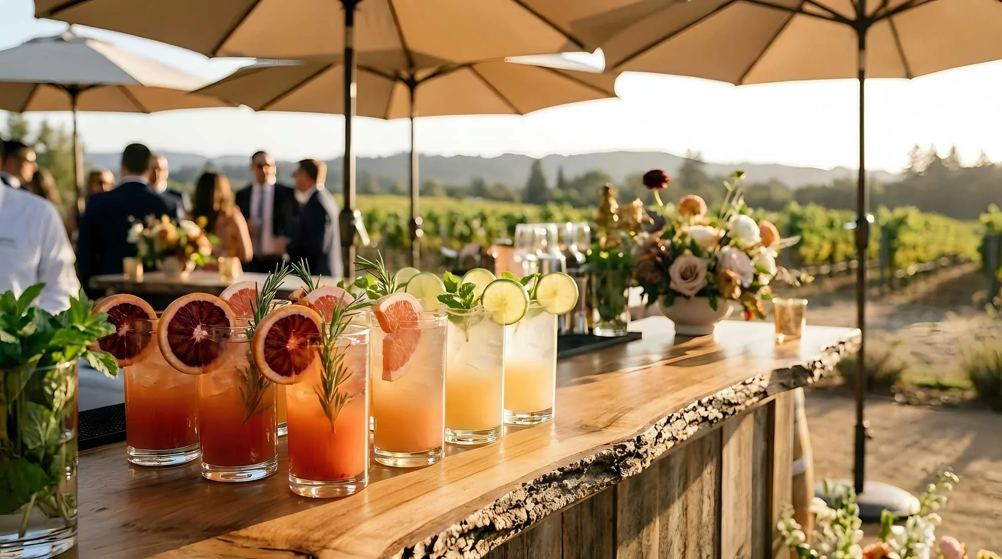 Bartenders serving signature cocktails at a wedding bar