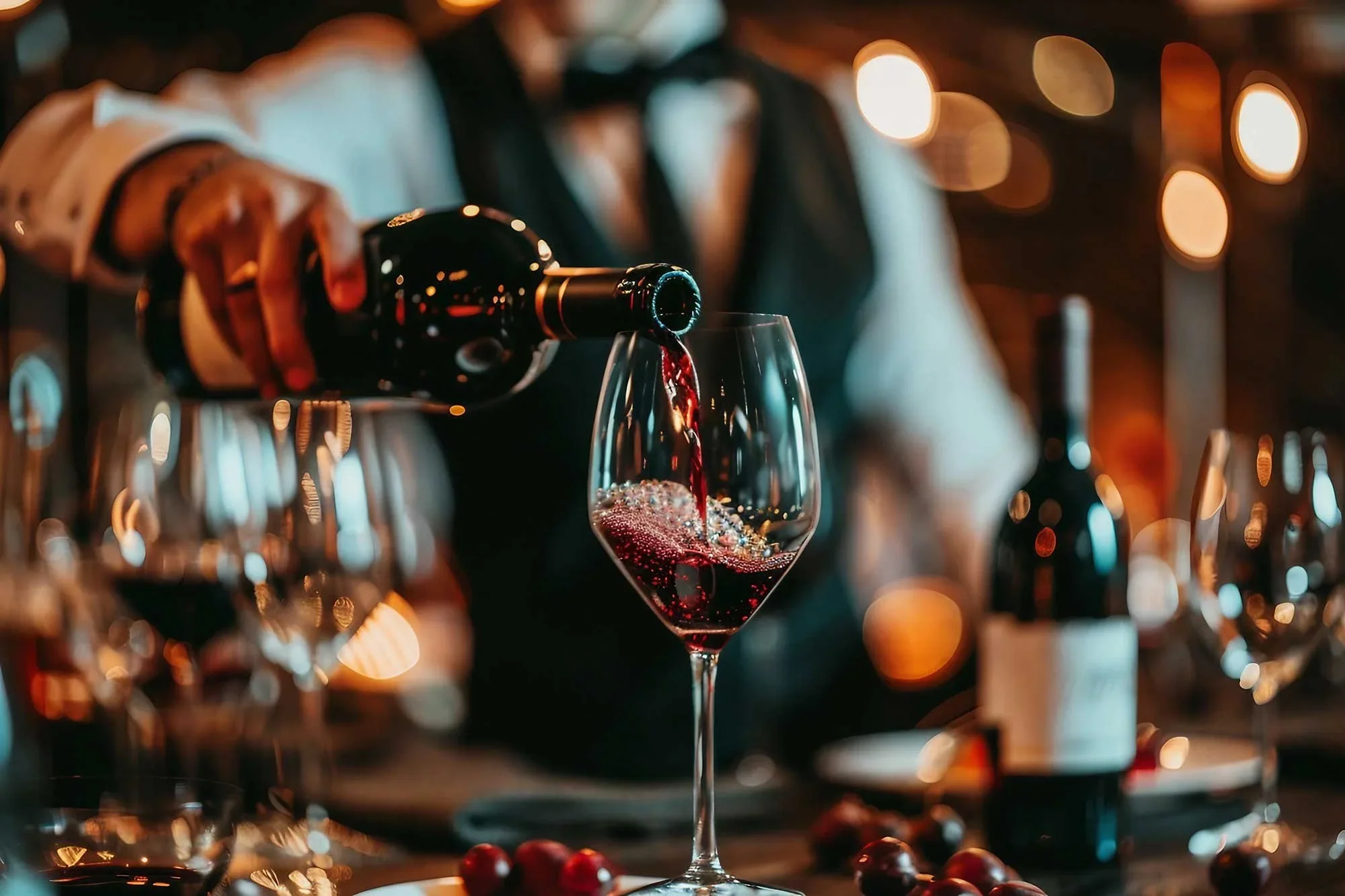 Bartender pouring red wine at a reception